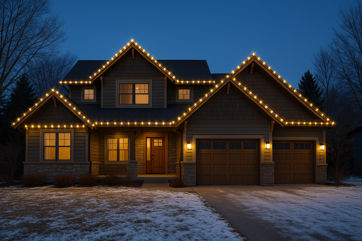 Warm white Christmas lights on a home in Montana
