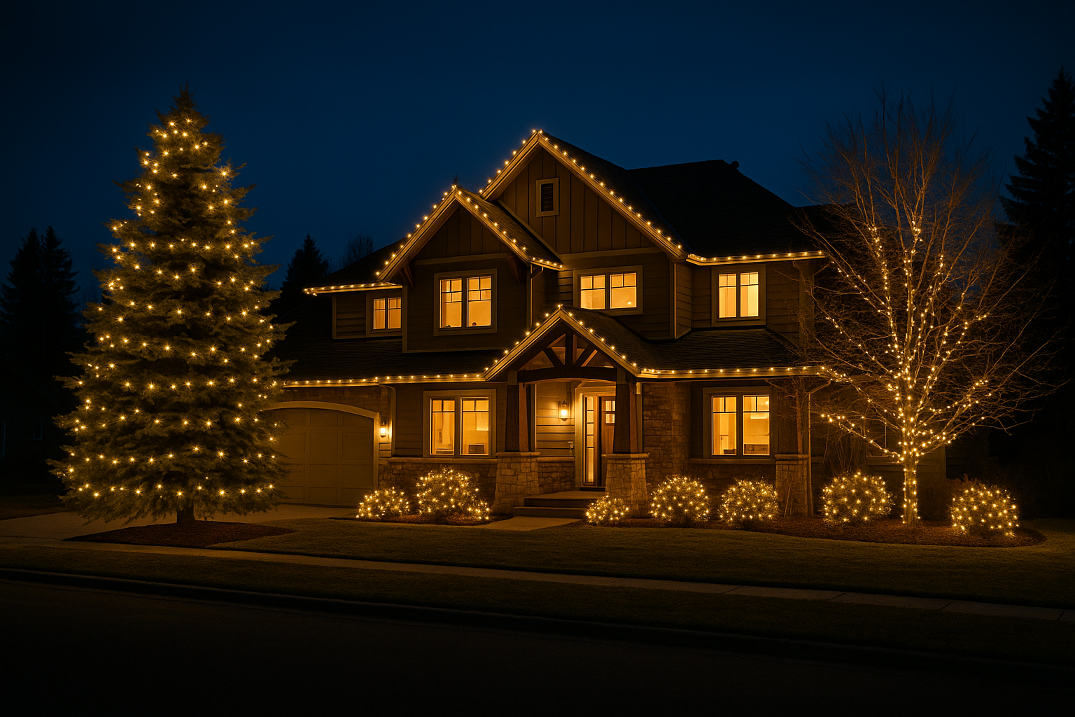 Golden Christmas lights on trees and rooflines
