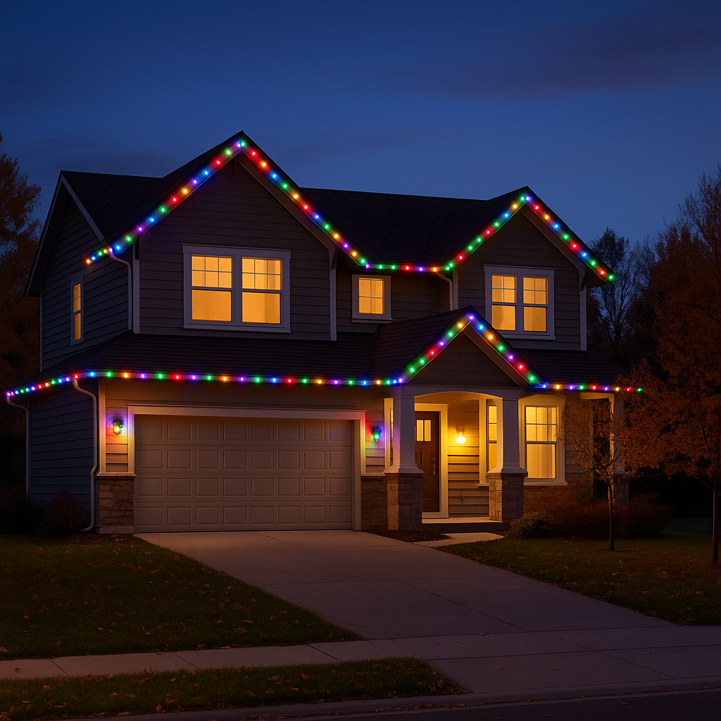 Home decorated with multi-colored roofline lights