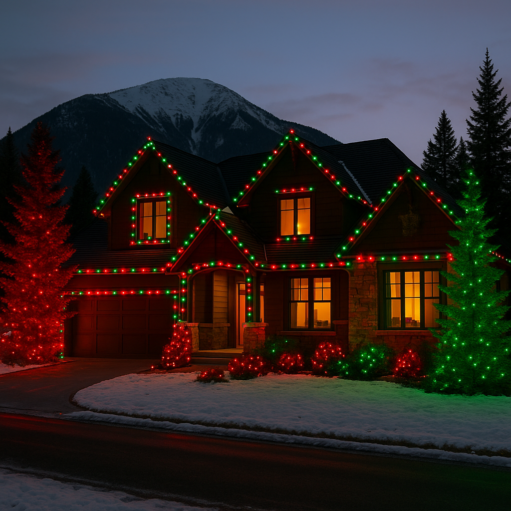 Red and green Christmas lights on a cabin near the mountains