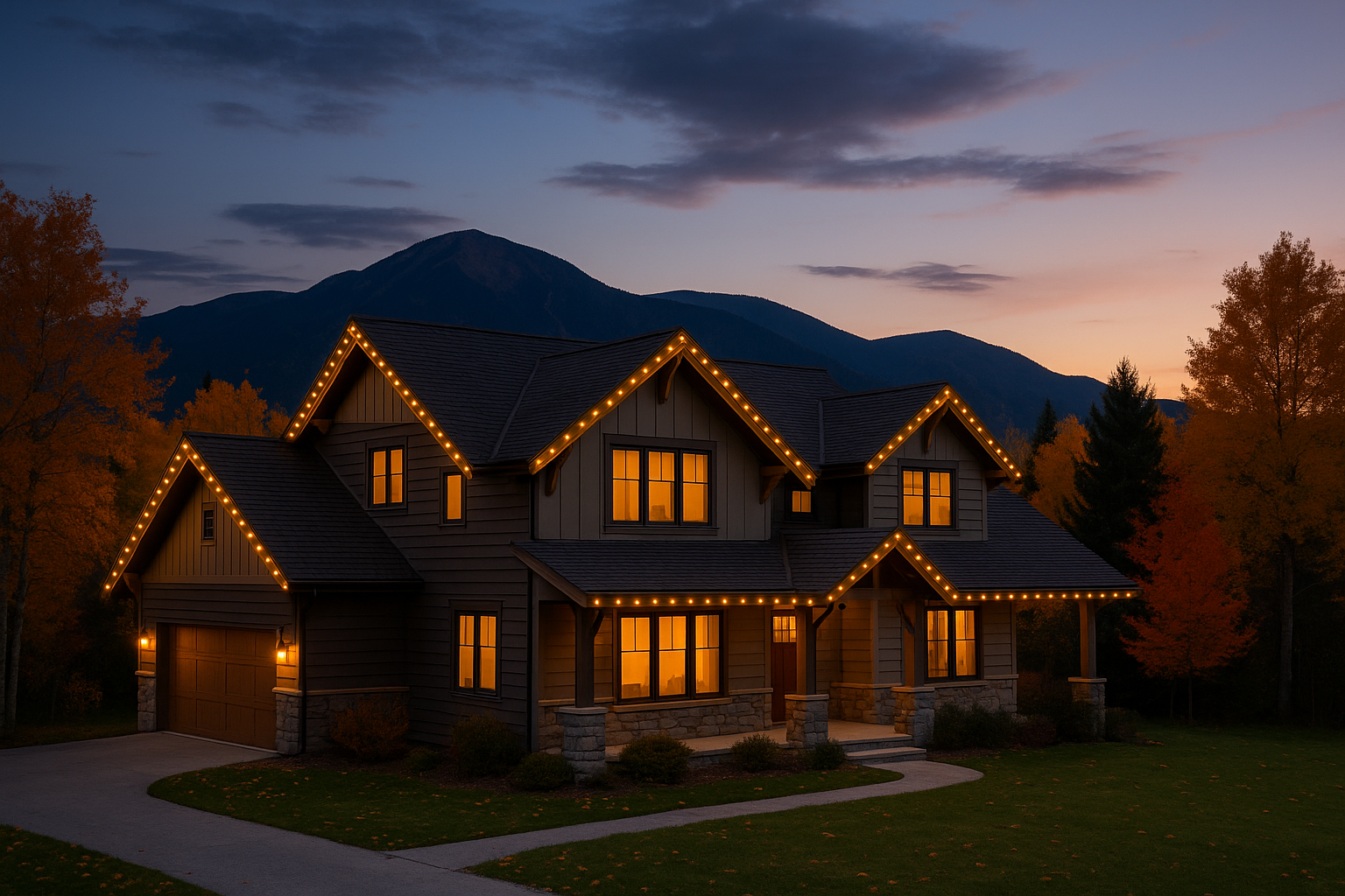 Sunset view of a house with elegant roofline lights