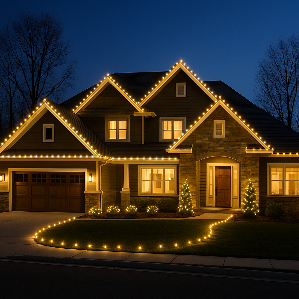 Warm white lights outlining a modern home