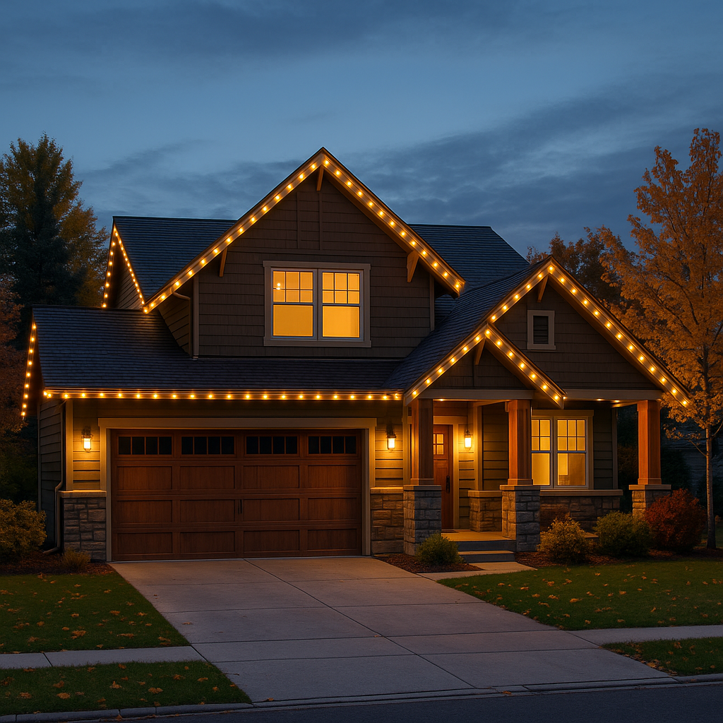 Winter home lit with warm white lights
